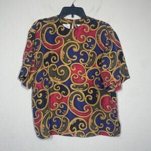 DG Studio Womens Size Large Silk Boxy Top Blouse Vintage Patterned Short Sleeves